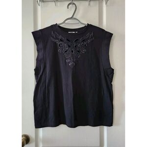 WE Fashion Women's Open Embroidered Sleeveless‎ Top Cotton Black Size M